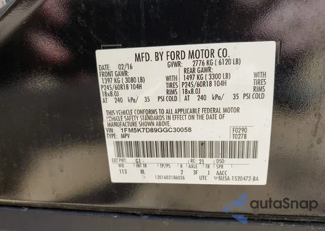 2016 Ford Explorer Xlt from USA, damaged, VIN 1FM5K7D89GGC30058